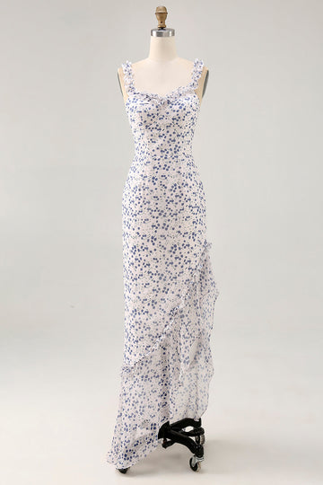 Vestido de invitada de boda asimétrico azul con volantes florales